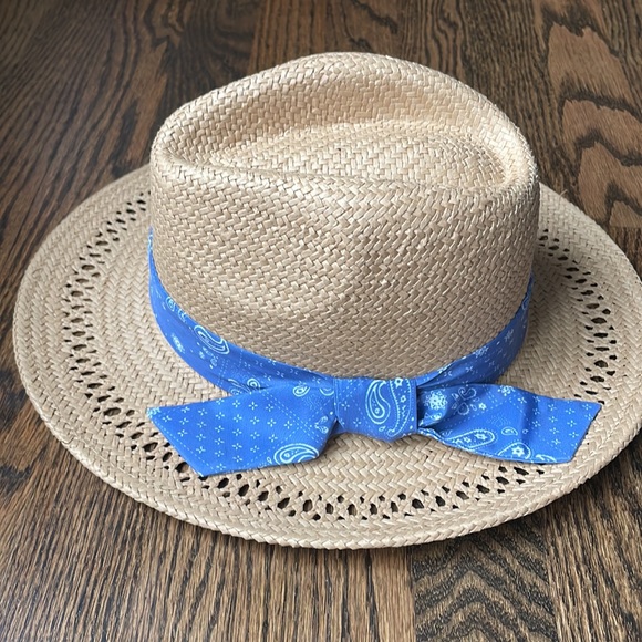 Steve Madden Natural Straw Blue Bandana Bow Fedora Sun Hat - Picture 2 of 4